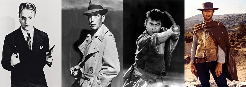 Fig. 1: Examples of the mythical masculine archetype as represented in popular culture. From left: The Gangster, The Tough Guy, The Warrior, and The Gunslinger.